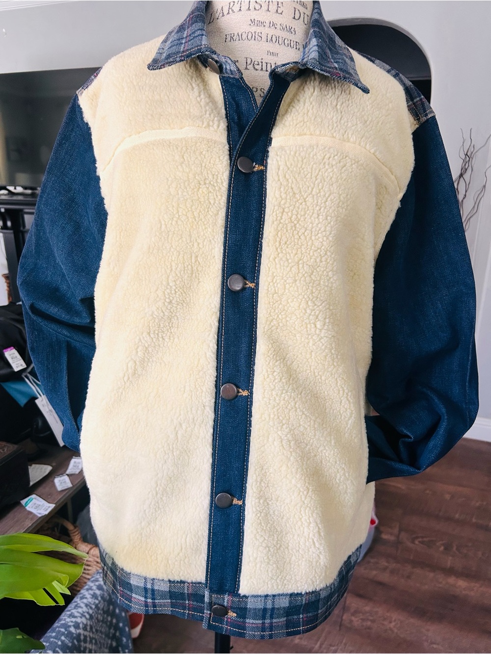 Men's Two-Tone Sherpa Shirt Jacket - Cream & Blue